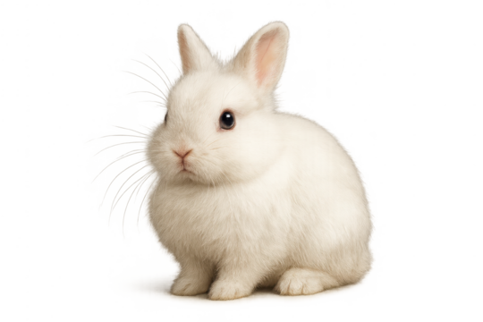 Adorable white rabbit sitting isolated on transparent background, cut out animal