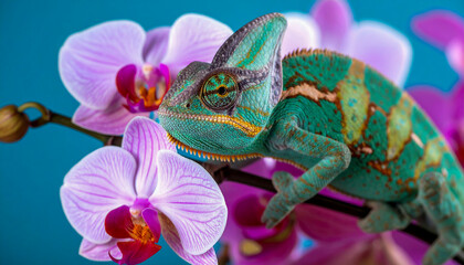 Vibrant Green Chameleon on Orchid Flowers with Blue Background