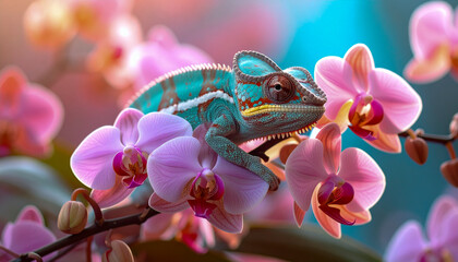 Colorful Chameleon Among Soft-Focus Pink Orchids in Tropical Light
