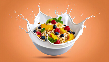 Fresh Fruit Oatmeal Splashing with Milk on Orange Background