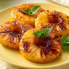 Grilled pineapple rings with mint on pastel yellow plate