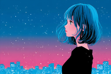 星空の下で都市を見つめる青髪のアニメ風少女のイラスト