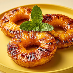 Grilled pineapple rings with mint on pastel yellow plate