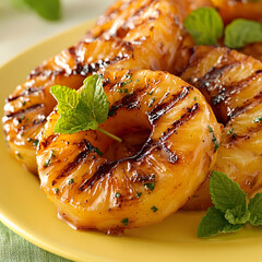Grilled pineapple rings with mint on pastel yellow plate