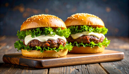 Juicy Beef Burgers with Lettuce and Mayonnaise on Wooden Board