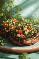 Stuffed portobello mushrooms with herbs on pastel mint platter