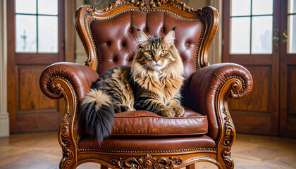 Majestic Maine Coon Cat Sitting Proudly on Ornate Leather Armchair