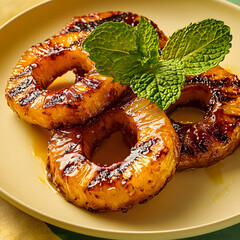 Grilled pineapple rings with mint on pastel yellow plate