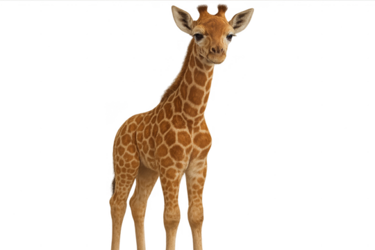 Cute giraffe calf standing isolated on transparent background, full shot