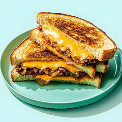 Grilled patty melt with vegan cheese on pastel mint plate