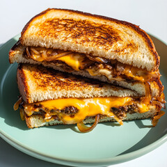 Grilled patty melt with vegan cheese on pastel mint plate