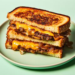 Grilled patty melt with vegan cheese on pastel mint plate