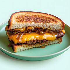 Grilled patty melt with vegan cheese on pastel mint plate