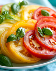 Sliced heirloom tomato salad with basil on pastel aqua serving dish
