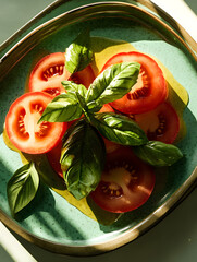 Fresh tomato and basil salad on pastel mint green tray