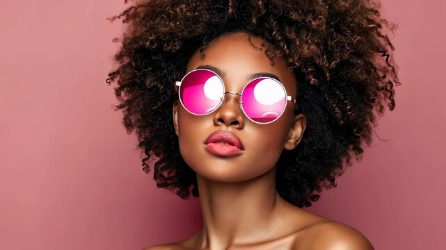 Ebony Radiance: A captivating portrait of an elegant lady with radiant dark skin, styled with natural Afro hair, and accessorized with fashionable pink sunglasses against a pink backdrop.