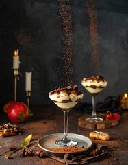 Elegant tiramisu dessert glasses with cocoa powder sprinkle on rustic table.