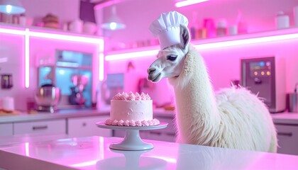 Llama baker with a cake in a bright pink kitchen setting. Ready to bake!