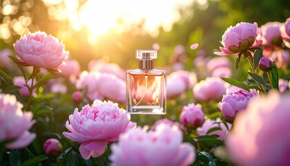 Fragrance bottle displayed among beautiful blooming pink peony flowers outdoors.