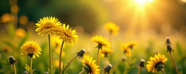 Sunlit vintage floral scene, wildflowers & dandelions , plants, wild