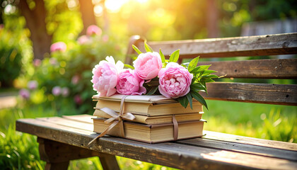 Peonies and books on wooden bench under sunlight in a serene garden setting.