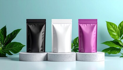 Three sleek product packages in black, white, and purple stand with green leaves.