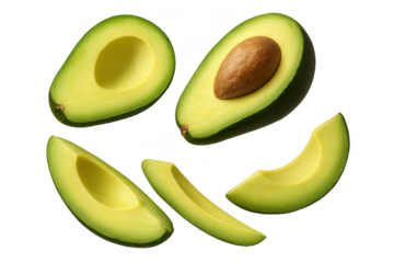 Fresh ripe avocado halves and slices isolated on a transparent background view