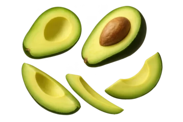 Fototapeten Fresh ripe avocado halves and slices isolated on a transparent background view © whitestorm