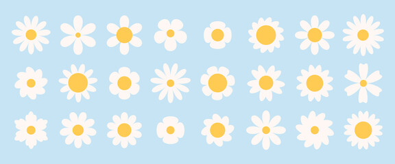 Set of groovy simple flowers. Abstract various flowers. Floral geometric design. Vector illustration in flat style