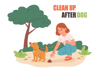 Fototapeta premium Clean up after your dog concept. Dog owner cleaning up dog waste. Pet care, environmental awareness waste disposal. Vector illustration in flat style