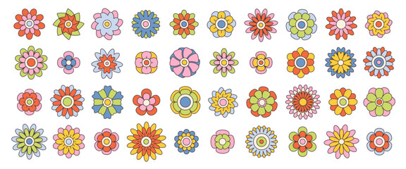 Set of groovy simple flowers. Abstract colorful flowers. Floral geometric design. Vector illustration in flat style