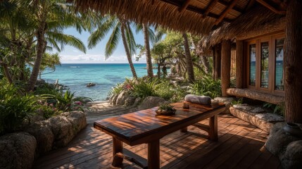 Tropical Beach Spa Massage Table Under Thatch Roof