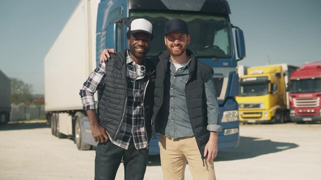 Smiling men standing shoulder to shoulder in front of blue truck posing for photo while looking directly. Celebrating teamwork or successful delivery. Sharing cheerful moment during busy logistics day