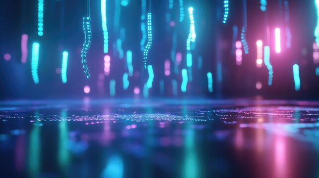 Abstract digital rain of vibrant neon lights falling on a reflective surface