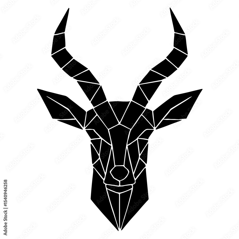 Poster a modern geometric portrait of an antelope, elegantly crafted in black, showcasing a minimalist yet 