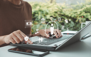 Employee benefits and compensation strategy concept. Businesswoman use benefits management employee develop long-term strategies, bonus pay, Indirect, healthcare, insurance, workplace incentives.