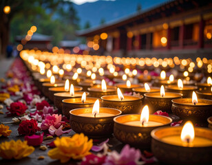 Bhutanese butter lamps glowing in a Buddhist monastery surrounded by flower petals and traditional carvings.