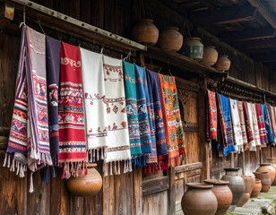 Colorful handwoven Bhutanese textiles with intricate patterns hanging against a wooden wall near traditional clay pots.