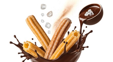 Golden churros splashing into melted chocolate with coconut flakes - Spanish dessert food photography