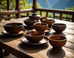 A wooden "choku" (traditional Bhutanese table) set with simple, earthy pottery bowls, representing humble dining.