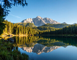 The serene beauty of a high-altitude alpine lake, reflecting majestic mountain peaks under a clear sky, inviting tranquility.