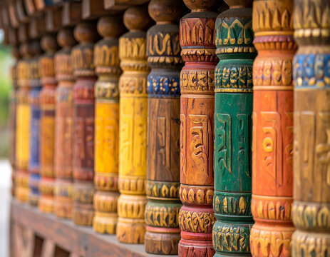 A collection of colorful, hand-carved wooden phalluses displayed, symbolizing a unique Bhutanese folk belief.