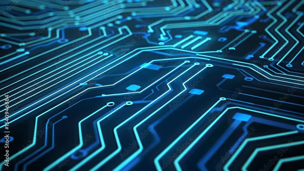 Aufkleber circuit board technology: abstract close-up of a circuit board's intricate network of glowing blue l