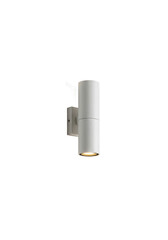 PNG cut out isolated background. A modern cylindrical wall sconce in a light grey or white finish is presented, designed to cast light both upwards and downwards.
