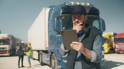 Pensive man in cap standing in front of parked truck holding tablet with hand on chin. Thinking about best route or checking traffic updates. Analyzing data while others discussing nearby. - Powered by Adobe