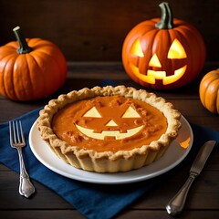 A festive pumpkin pie with a jack-o'-lantern face, perfect for Halloween