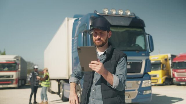 Focused man in navy cap holding tablet with one hand on waist standing near large blue truck. Scanning logistics dashboard or reviewing route plan. Concentrating on digital tasks before departure.