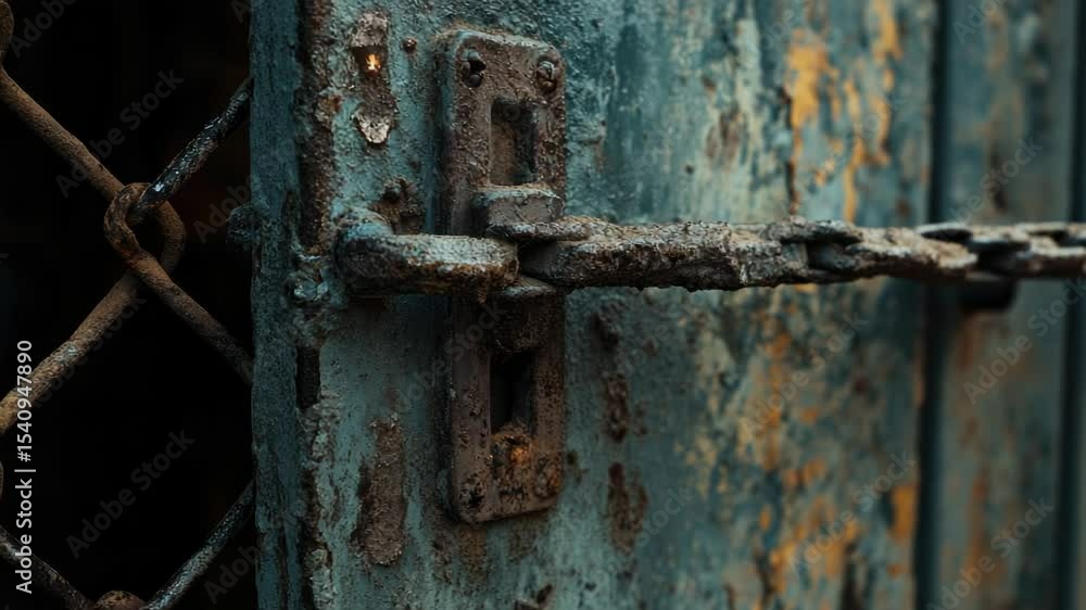 Poster a close-up view of a chain link securing a door, perfect for use in scenes where security is paramou
