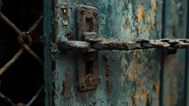 A close-up view of a chain link securing a door, perfect for use in scenes where security is paramount.
