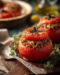 Close-up of traditional Tomates Farcies showcasing plump ripe tomatoes stuffed with a savory seasoned ground meat mixture rich and inviting.